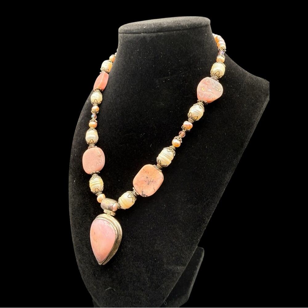 Vintage Sterling Silver 925 Pink Opal Mother of Pearl Pendant Necklace